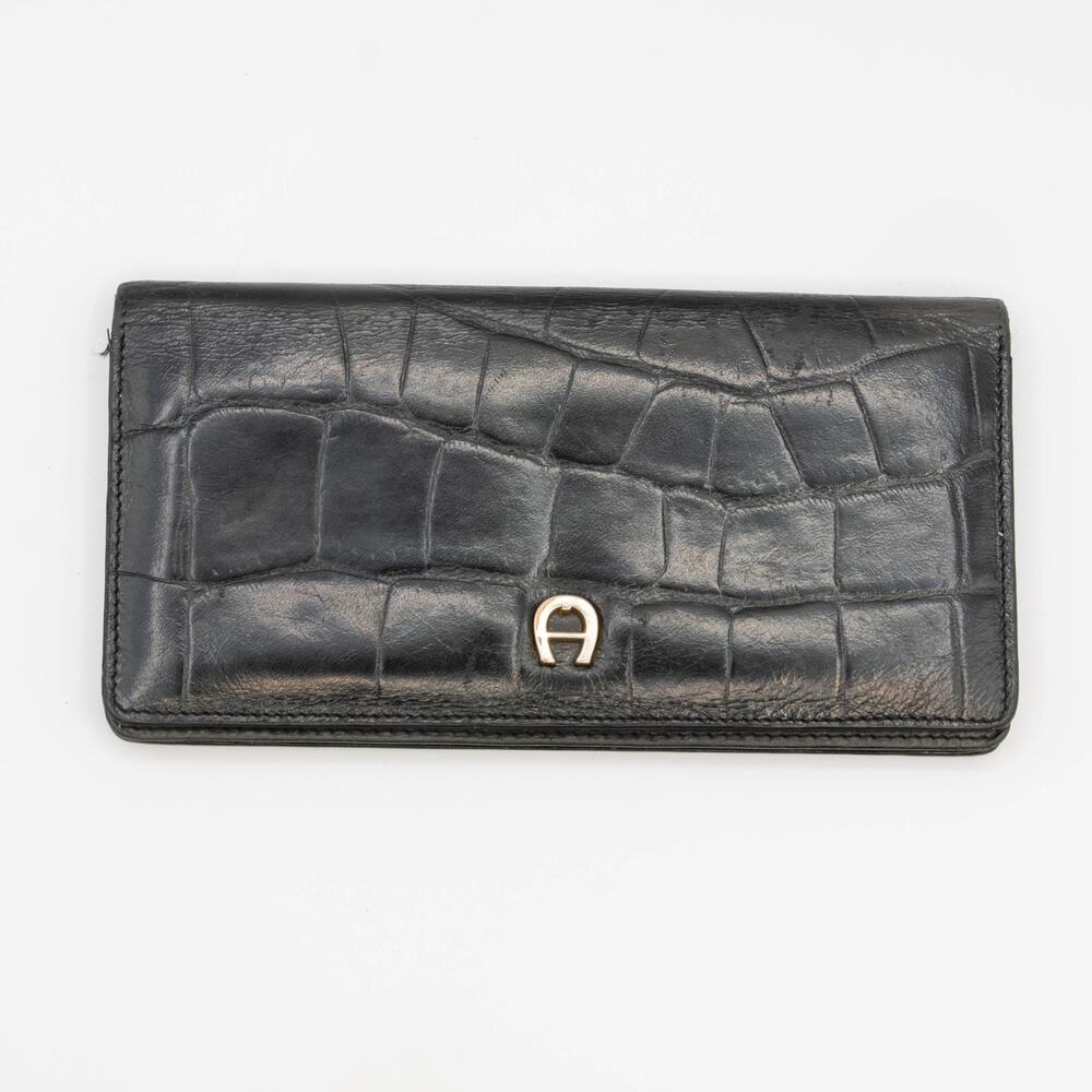 Aigner Munich Black Leather Wallet Croc Embossed Long Clutch Horseshoe Germany